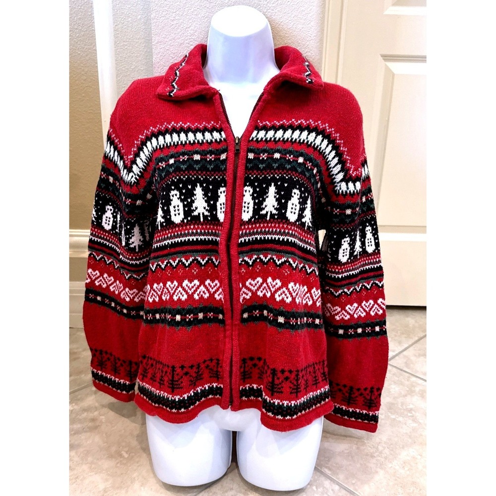 BJ Collectibles Heirloom Red Fair Isle Snowman Zip Up Sweater Womens Medium